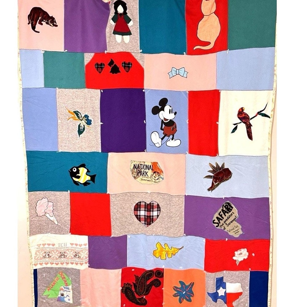 Handmade Patchwork T-Shirt Quilt Throw Mickey Mouse Cats Animals 79x62 - Picture 2 of 7